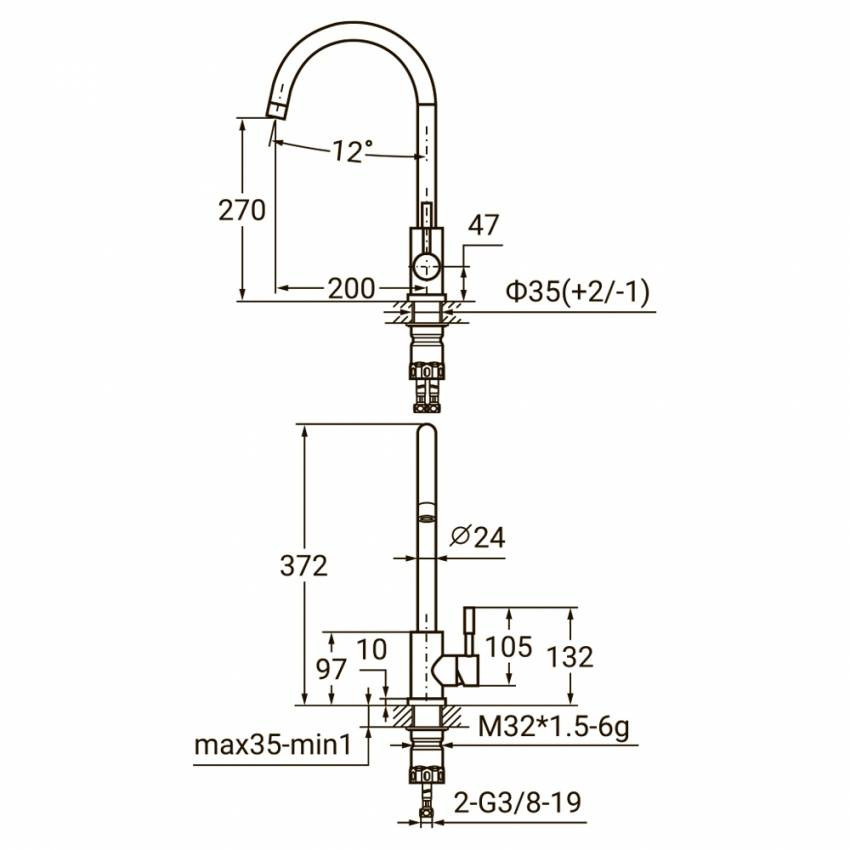 Змішувач KT Ø35 для кухні гусак вухо на гайці SS AQUATICA KT-4B170P (9722101)-9722101