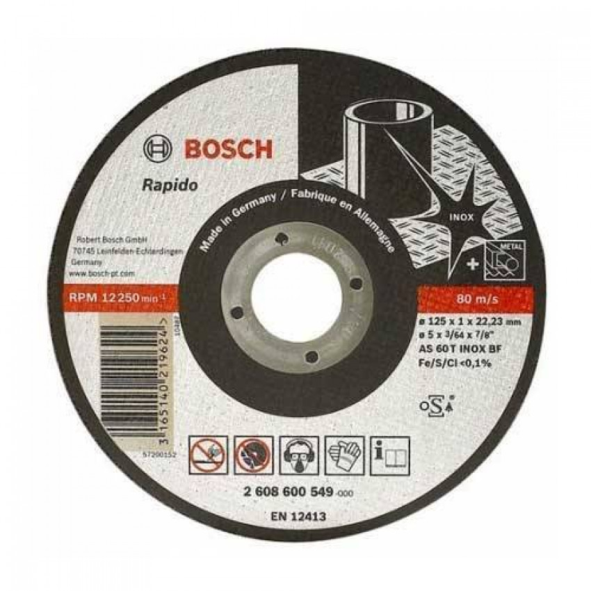 Диск відрізний абразивний BOSCH, прямий, d=125х1х22,2мм, для нерж.сталі.-2608600549