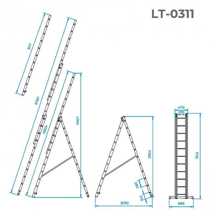 Драбина з алюмінію, 3-секційна, універсальна, розкладна, 3х11 сход., 7.33 м INTERTOOL LT-0311-LT-0311