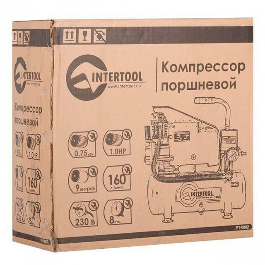 Компресор 9 л, 0,75 кВт, 220 В, 8 aтм, 160 л/хв INTERTOOL PT-0002-PT-0002