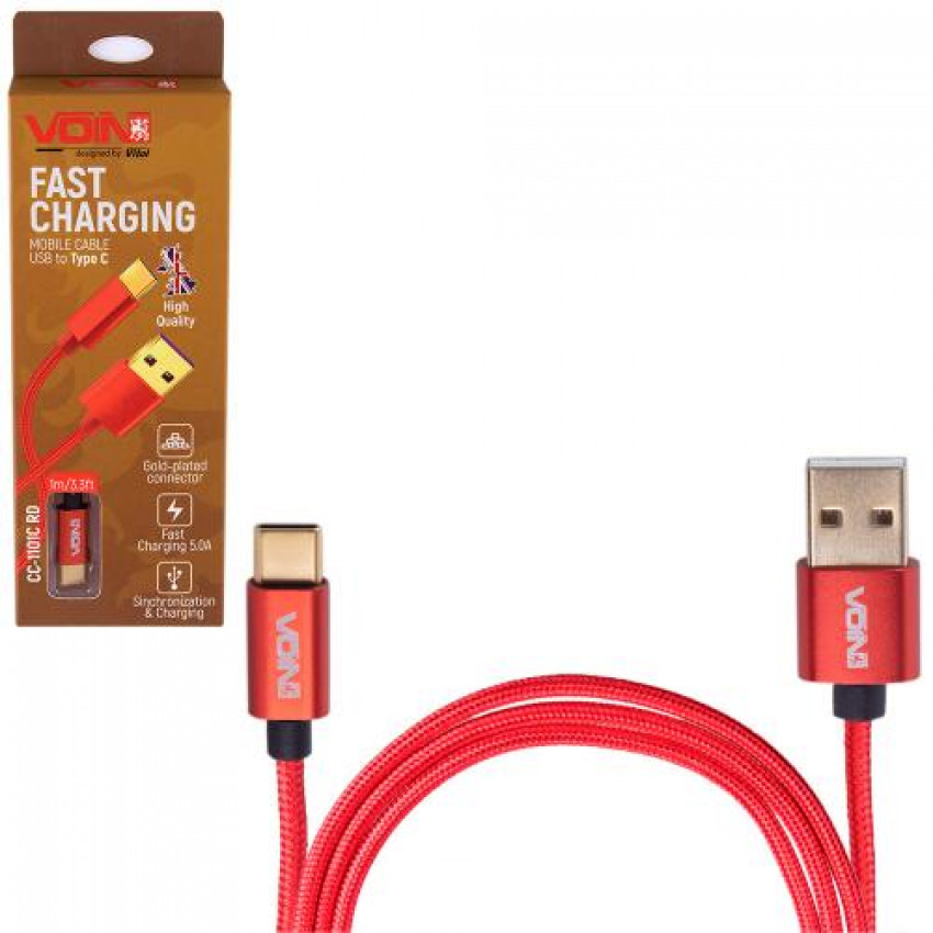 Кабель VOIN CC-1101C RD USB - Type C 5А, 1m, red (супер швидка зарядка/передача даних) (CC-1101C RD)-CC-1101C RD