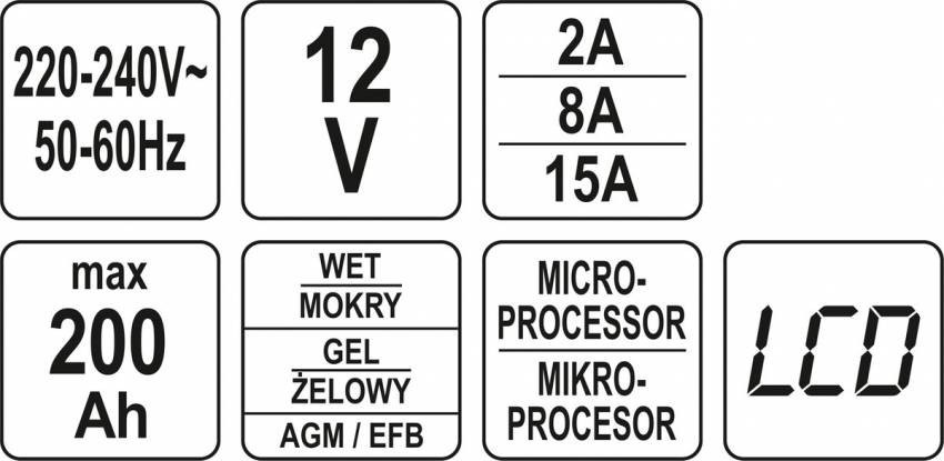 Зарядний прилад мережевий з LCD дисплеєм 230В YATO до акумуляторів 12V-2/8/15А, макс. 240AГод-YT-83003