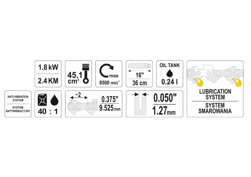 Бензопила ланцюгова YATO 45.1 см³ 1.8 кВт шина- 16" (36 см)-YT-84901
