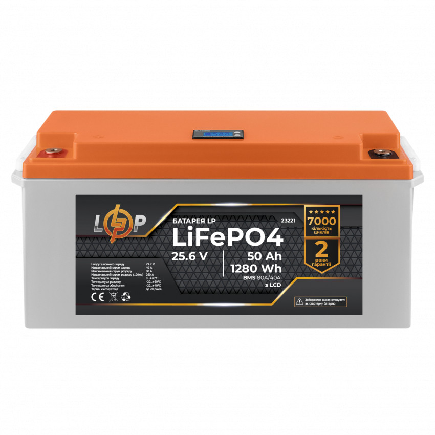 Акумулятор LP LiFePO4 25,6V - 50 Ah (1280Wh) (BMS 80A/40A) пластик LCD-