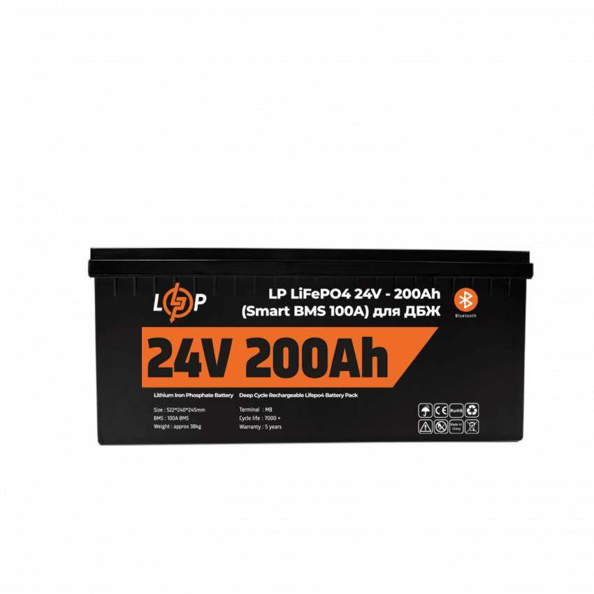 Акумулятор LP LiFePO4 24V - 200 Ah (Smart BMS 100А) з BT пластик для ДБЖ-