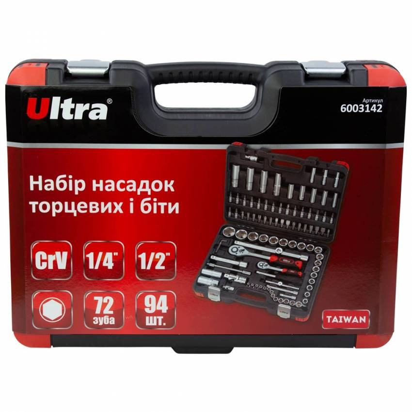 Набір насадок торцевих та битий 1/4", 1/2" 94шт CrV Taiwan ULTRA (6003142)-6003142