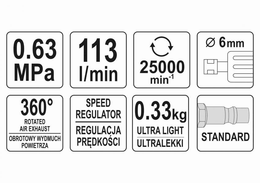 Пневматичний шліфувальний верстат, прямий YATO зі шпинделем Ø = 6 мм, Ø = 1/4", 6,3 бар, 113 л/хв.-YT-09633