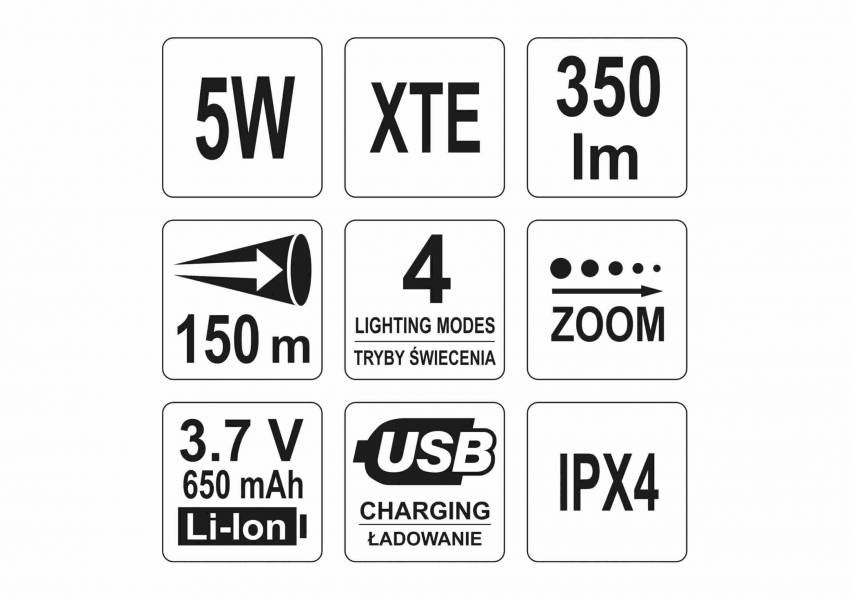 Ліхтар світлодіодний (XTE CREE) YATO, акумулят. Li-Ion 650 мА, Р = 5 Вт, Ф = 350 lm. Ø = 27 мм x 94 мм-YT-08569