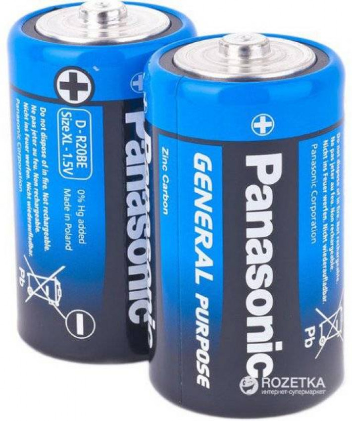 Батарейки Panasonic General Purpose вугільно-цинкові D (R20) плівка, 2 шт (R20BER/2P)-R20BER/2P