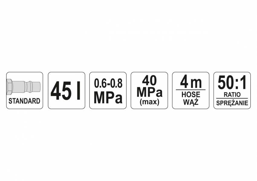 Мастильний пневматичний апарат YATO: бак-45 л, тиск-0.8 MPa, вихід. тиск-300-400 Bar, шланг-4 м-YT-07069