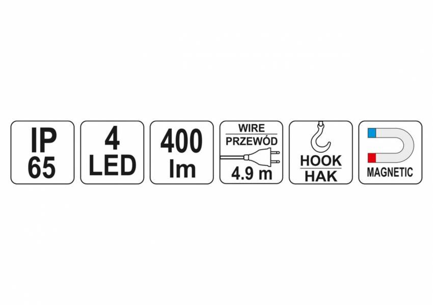 Світильник мережевий для майстерні YATO: 4 Вт, 4 LED, 400 lm, з гачком та кабелем-4.9 м (DW)-YT-08531