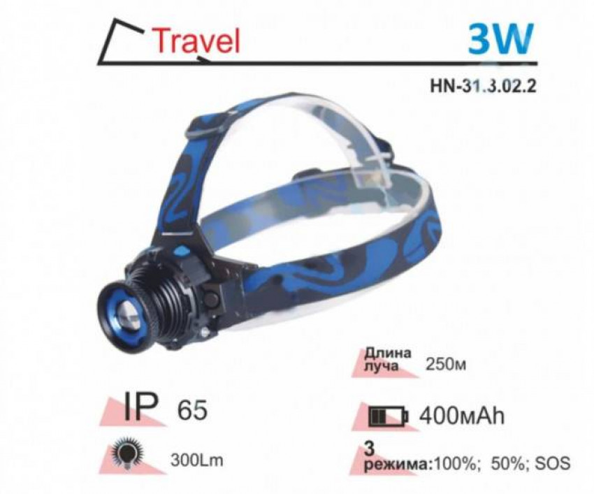 Ліхтарик RIGHT HAUSEN TRAVEL на лобовій батареї 3W ZOOM. 400 мАг (100 коробок)-HN-313022