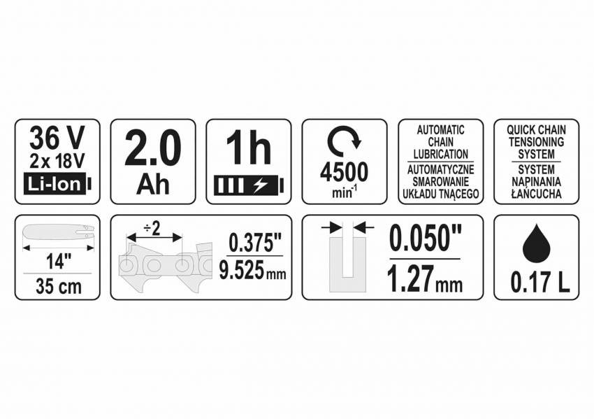 Пила ланцюгова акумуляторна YATO 36 В (2 x Li-Ion 18 В) 2 Агод 14"/35 см-YT-82812