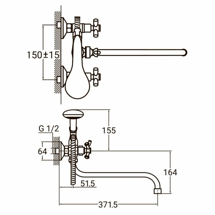 Змішувач PL 1/2" для ванни гуска вигнутий дивертор AQUATICA (PL-5C455C)-PL-5C455C