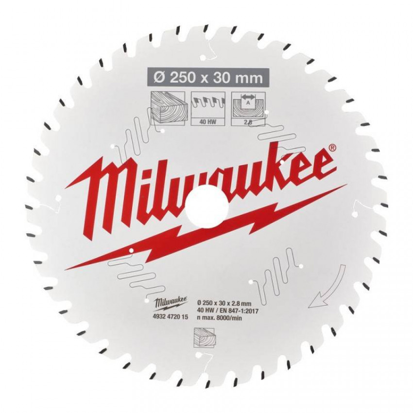 Диск пильний MILWAUKEE, Ø250/30мм, 40 зуб.-4932472015