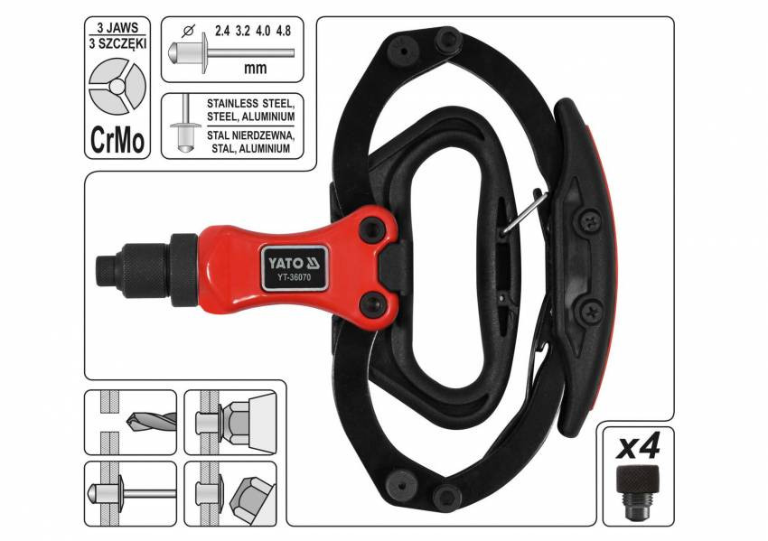Заклепочник YATO для нітів Ø=2.4, 3.2, 4, 4.8 мм 190-270 мм-YT-36070