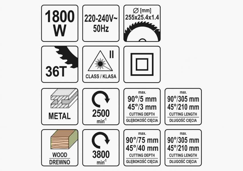 Пила торцьовальна по дереву і металу з лазером і протяжкою YATO 1.8 кВт диск 255 x 25.4 мм-YT-82174