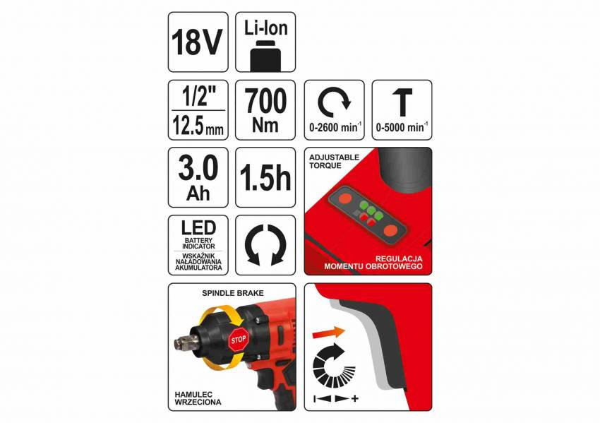 Гайковерт ударний акумуляторний безщітковий YATO : квадрат- 1/2", 700 Нм, Li-Ion 18 В, 3 Агод  кейс-YT-82806