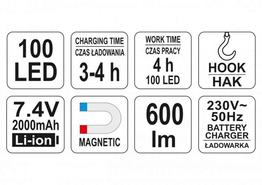 Світильник акумул. для майстерні YATO Li-Ion 7.4 В, 100 LED, 600 lm, з гачком зарядний пристрій (DW)-YT-08503