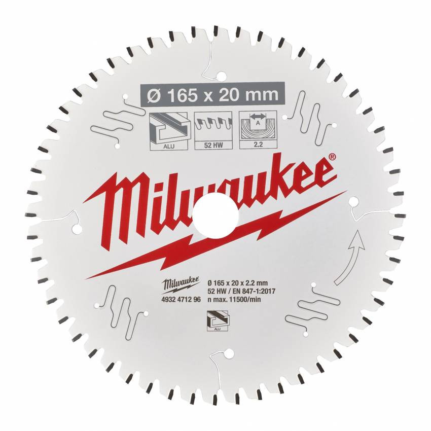 Диск пильний Alu PFTE MILWAUKEE, Ø165х20х2, 2мм, 52 зуб.-4932471296