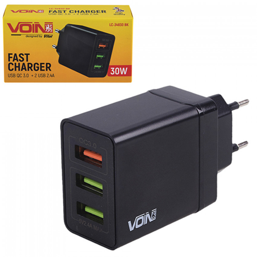 Мережевий зарядний пристрій VOIN 30W, 3 USB, QC3.0 (Port 1-5V*3A/9V*2A/12V*1.5A. Port 2/3-5V2.4A)-LC-34830 BK