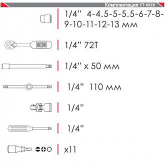 Набір інструментів 1/4&quot;, 28 од. (гол. 4-13 мм, біти 11 од.) INTERTOOL ET-6028