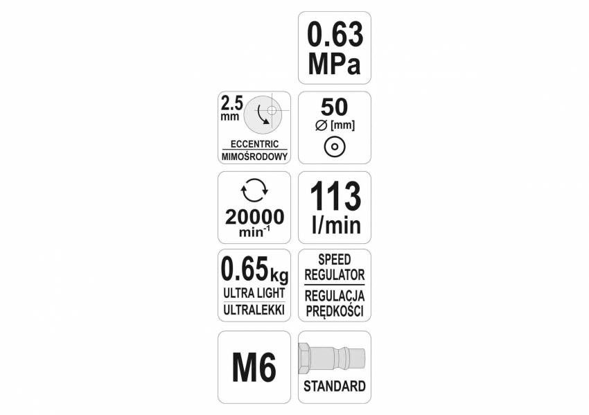 Шліфмашина пневматична YATO ексцентрикова, з диском Ø=50 мм, 0.63 MPa, потреб. повітря-113 л/хв-YT-09730