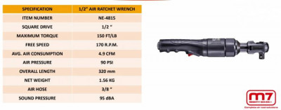 Пневмотрещітка 1/2&quot; 200 Нм 170 об/хв