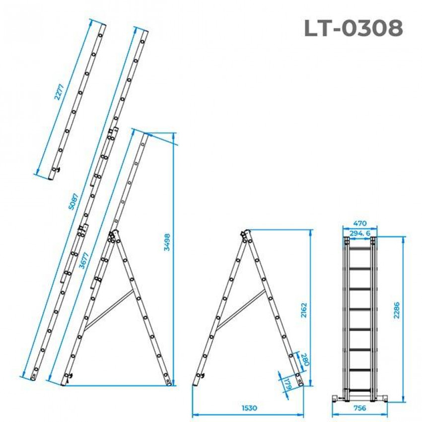 Драбина з алюмінію, 3-секційна універсальна розкладна, 3х8 сход., 5,09 м INTERTOOL LT-0308-LT-0308