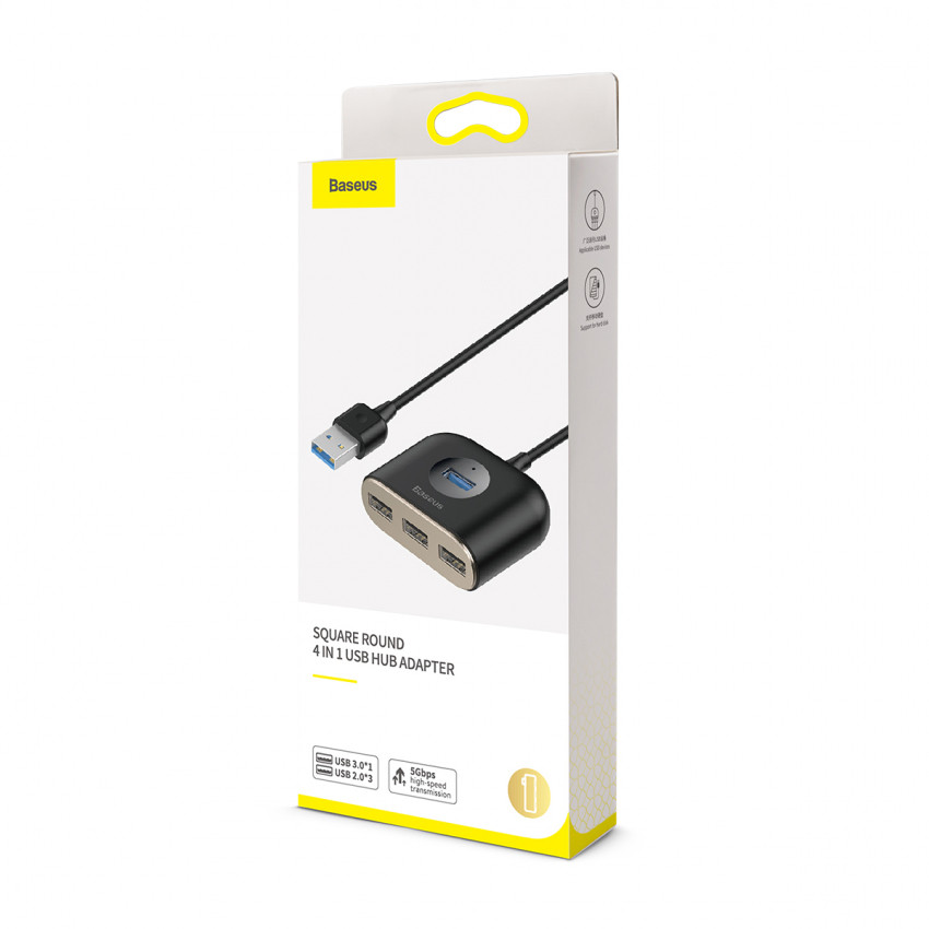 USB Hub Baseus Square Round 4 in 1 USB3.0 to USB3.0*1 + USB2.0*3 Чорний (CAHUB-AY01)-LP16586