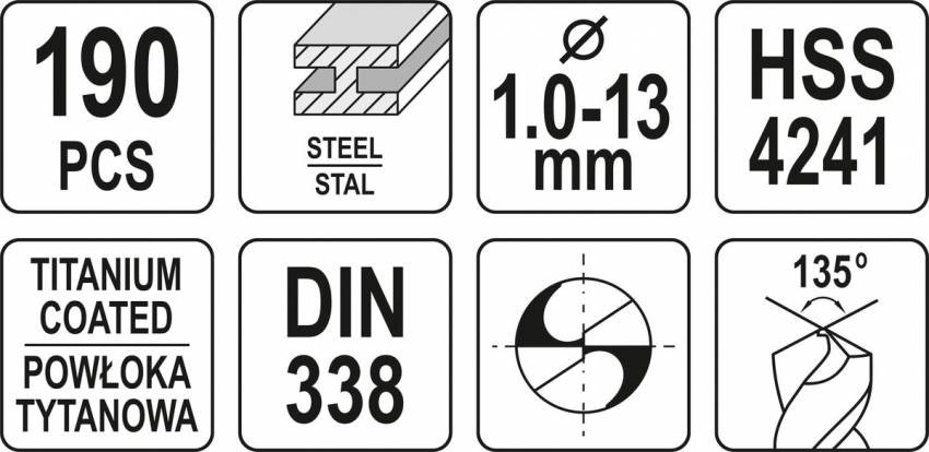 Свердла по металу титанові YATO : HSS-TiN Ø= 1-13 мм. компл. 190 шт-YT-44677