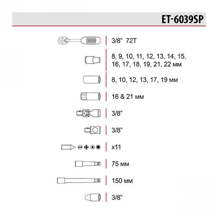 Набір інструментів 3/8", 39 од. INTERTOOL ET-6039SP-ET-6039SP