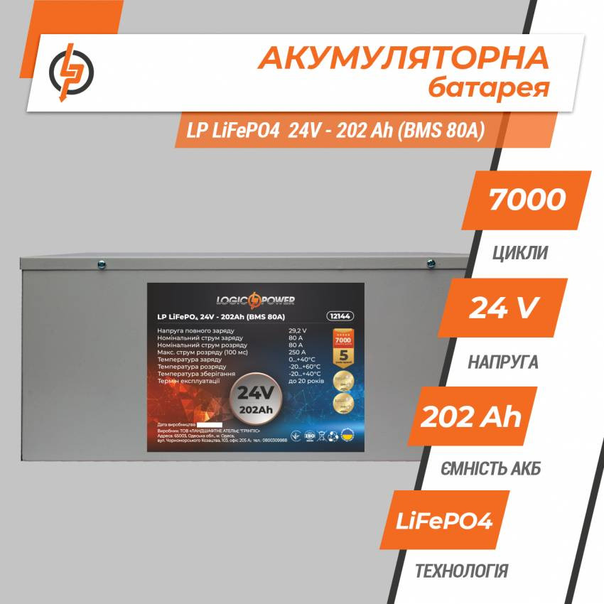 Акумулятор LP LiFePO4 24V (25,6V) - 202 Ah (5171Wh) (BMS 80A) металл-