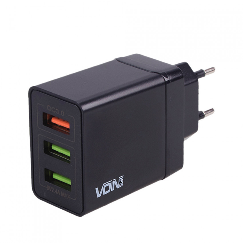 Мережевий зарядний пристрій VOIN 30W, 3 USB, QC3.0 (Port 1-5V*3A/9V*2A/12V*1.5A. Port 2/3-5V2.4A)-LC-34830 BK