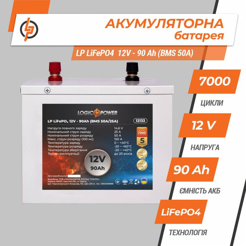 Акумулятор LP LiFePO4 12V - 90 Ah (BMS 50A/25A) металл-