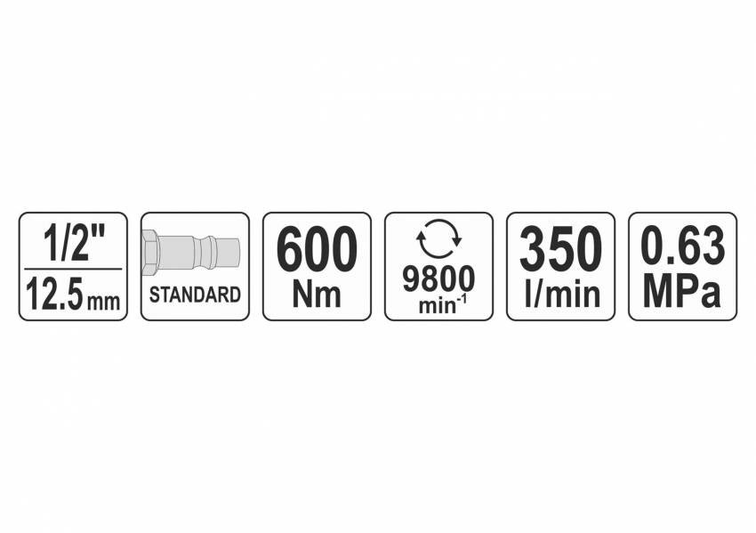 Пневматичний амортизатор YATO: квадрат-1/2", F = 600 Нм, 350 л/хв, тиск-0,63 МПа, 9800 об/хв.-YT-09506