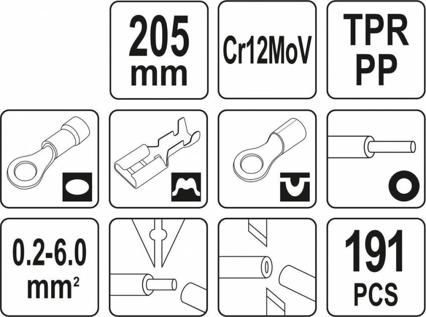 Кліщі для обтискання і зачистки проводів YATO. L=205 мм, 0,2- 6 мм², з наконечниками, 191 елем.-YT-23133