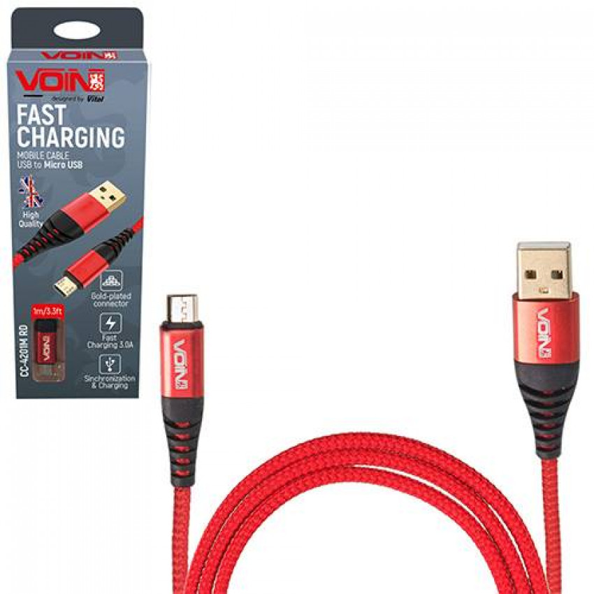 Кабель VOIN CC-4201 RD USB - Micro USB 3А, 1m, red (швидка зарядка/передача даних)-CC-4201M RD