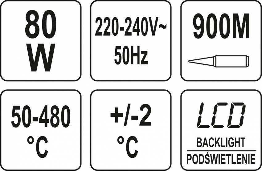 Паяльник мережевий 230 V YATO, P= 80 Вт, регульований температ. режим t= 50- 480°С-YT-82701