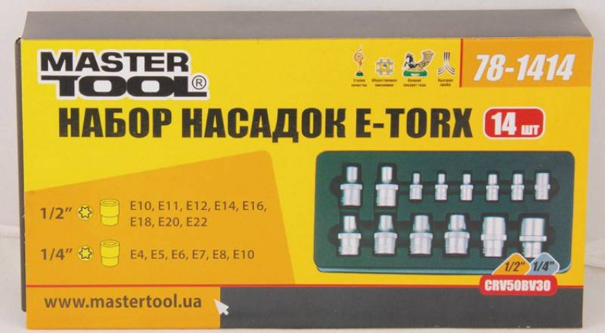 Набір насадок торцевих MASTERTOOL CRV E-TORX 14 шт (1/4"-4/5/6/7/8/10 мм 1/2"-10/11/12/14/16/18/20/22 мм) 78-1414-78-1414