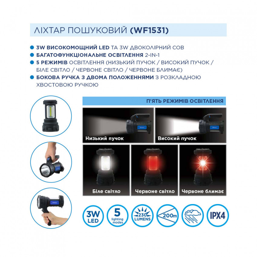 Ліхтар ручний пошуковий багатофункціональний Westinghouse WF1531 + 3 x AA/R6 в комплекті-WF1531-3R6CB