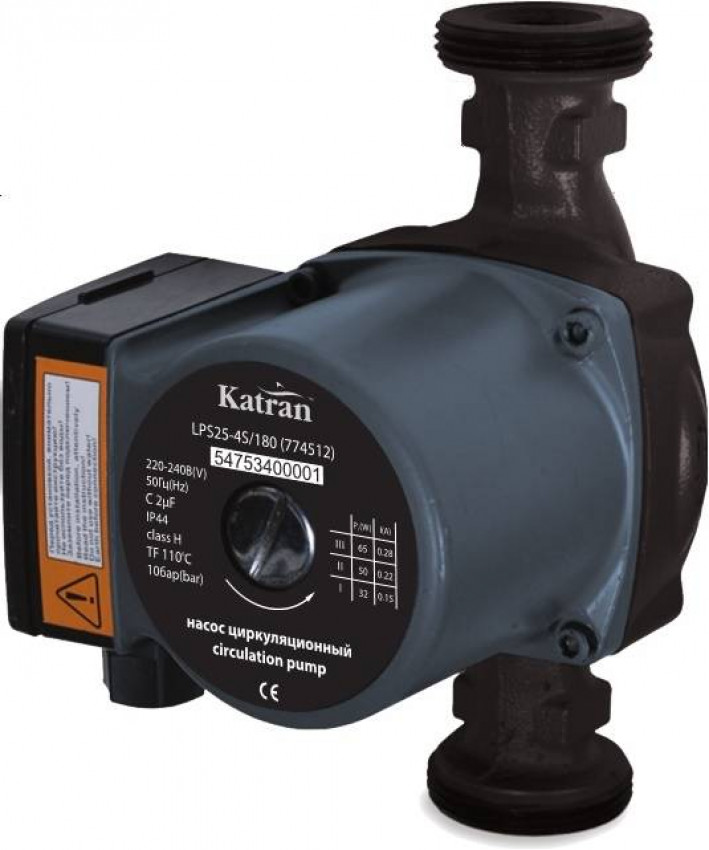 Насос циркуляційний 65Вт Hmax 4м Qmax 63л/хв Ø1½ 130мм гайки Ø1 Katran (774513)-774513