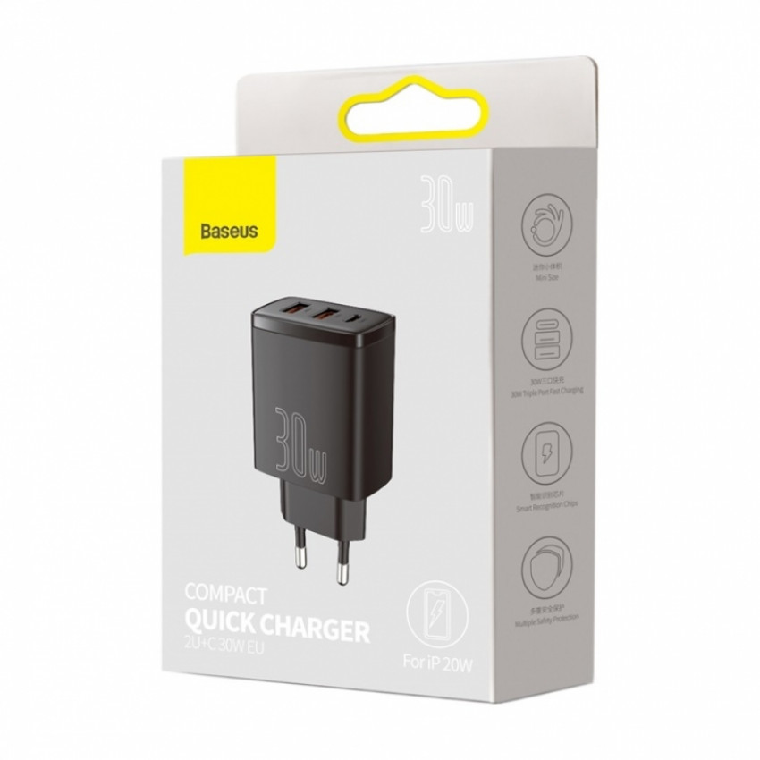 Зарядний пристрій Baseus Compact Quick Charger 2U+C 30W EU Чорний (CCXJ-E01)-