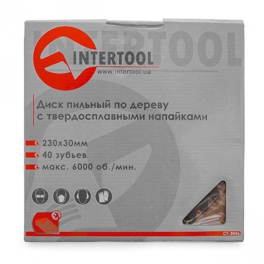Диск пиляльний по деревині із твердосплавними напайками 230*30*1.6 мм, 40 зубів, 6000 об/хв. INTERTOOL CT-3046-CT-3046