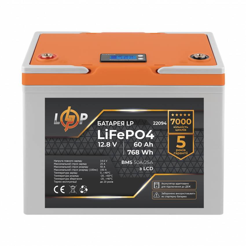 Акумулятор LP LiFePO4 12,8V - 60 Ah (768Wh) (BMS 50A/25А) пластик LCD для ДБЖ-