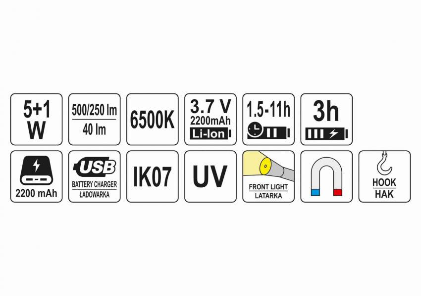 Лампа світлодіодна для майстерні YATO: Li-Ion 3.7 В 2.2 Агод, 3 режими: 5 1 Вт, 500/250 40 lm гачок-YT-08517