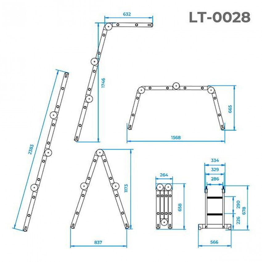 Драбина з алюмінію, багатофункціональна, трансформер, 4*2, 2,38 м INTERTOOL LT-0028-LT-0028