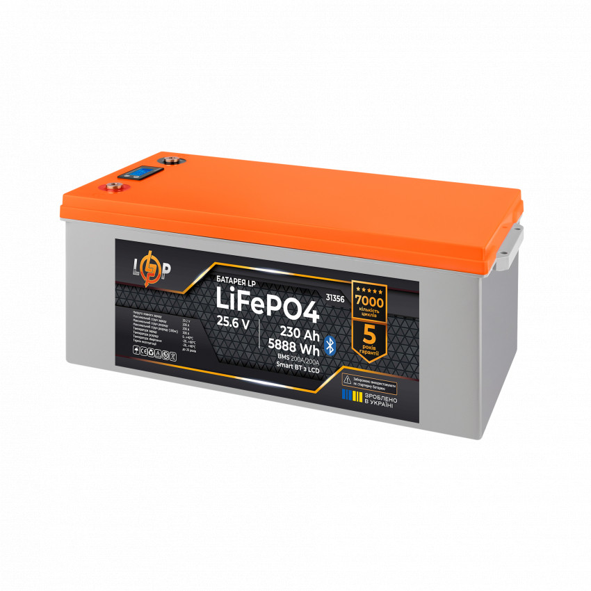 Акумулятор LP LiFePO4 25,6V - 230 Ah (5888Wh) (BMS 200A/200А) пластик LCD Smart BT-