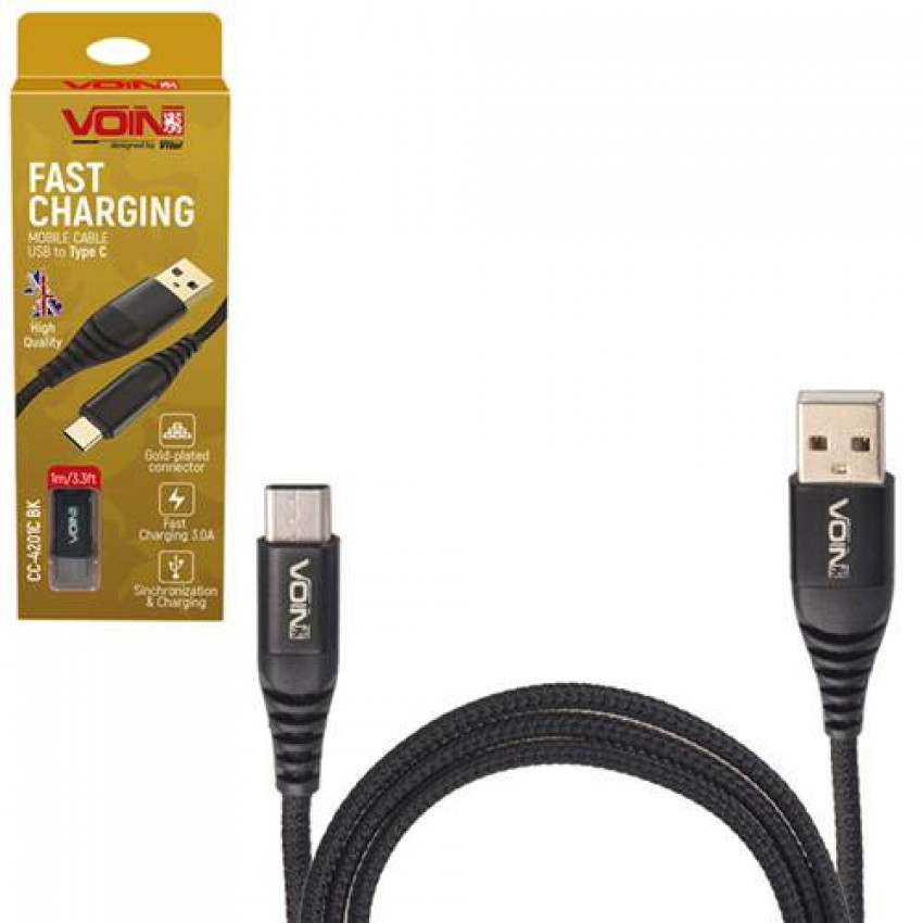 Кабель VOIN USB - Type C 3А, 1m, black (швидка зарядка/передача даних)-CC-4201C BK (300)