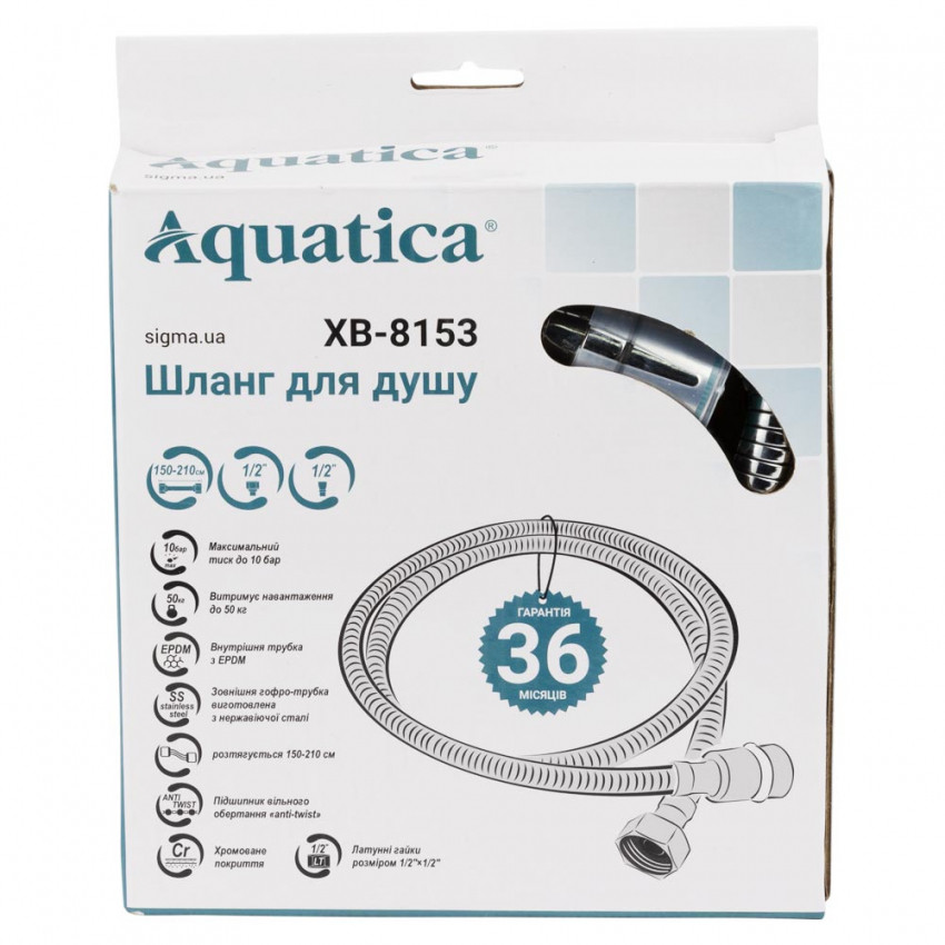 Шланг для душа 1/2" SS хромований розтяжний з підшипником 150-210см AQUATICA XB-8153 (9792020)-9792020